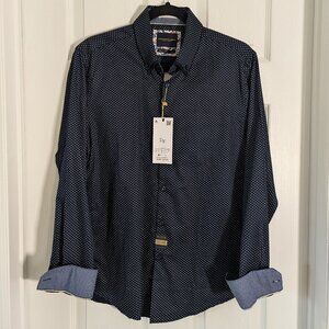 NWT DENIM & FLOWER NAVY SATIN LONG-SLEEVE BUTTON-UP SHIRT